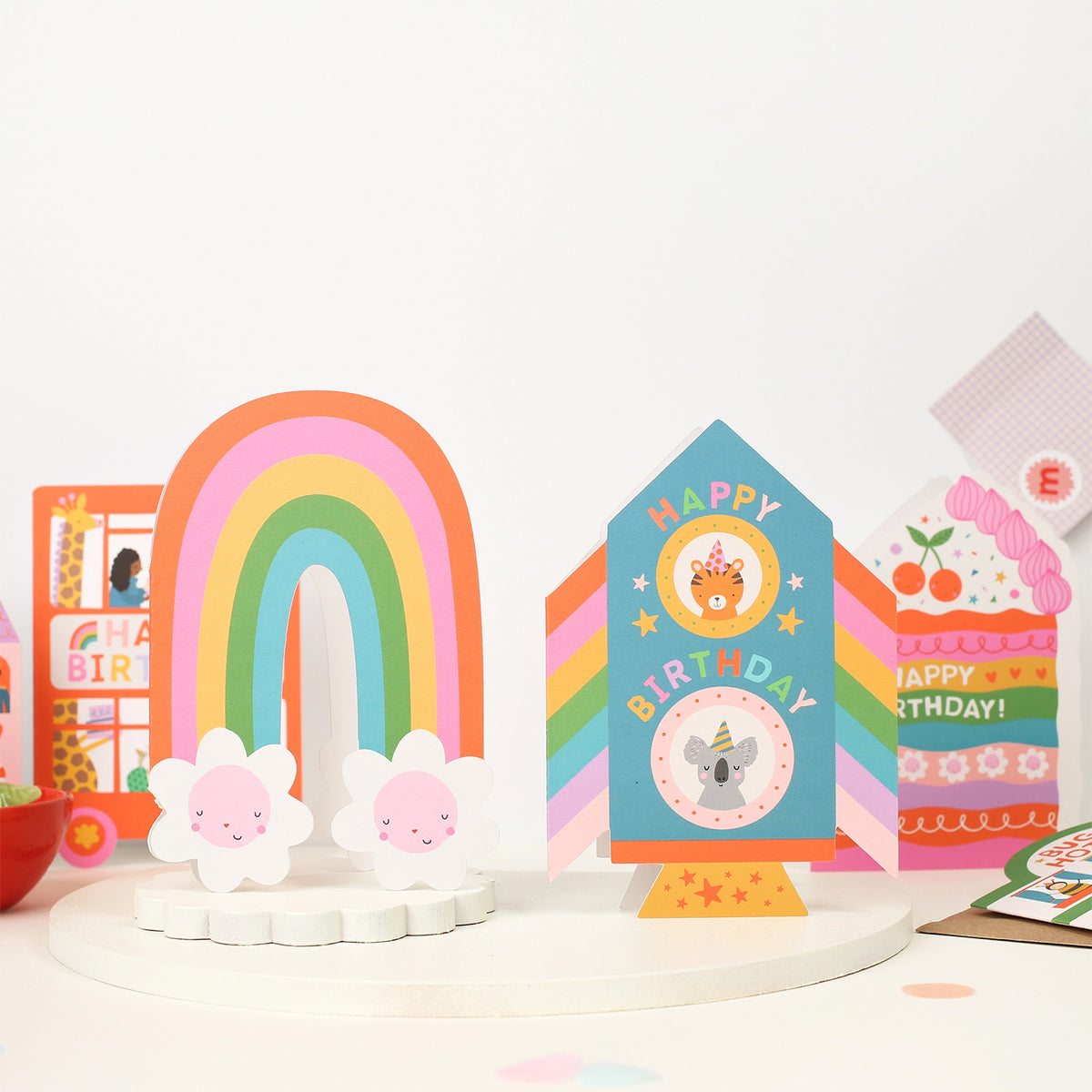 Mifkins Rainbow Blossom Birthday Card shown alongside other Mifkins die-cut cards