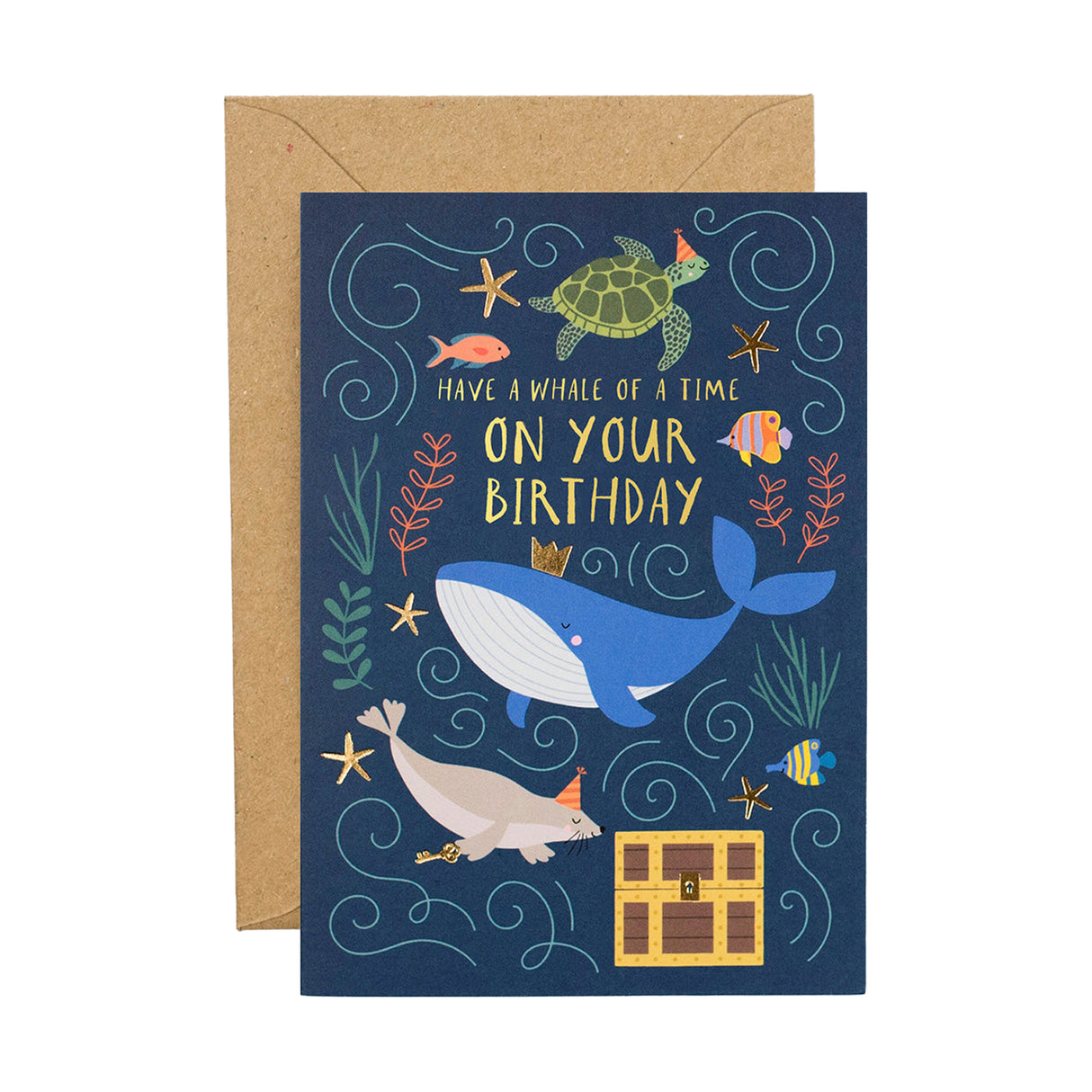 Birthday card with whale illustration and text 'Have a whale of a time on your birthday' on a blue background.