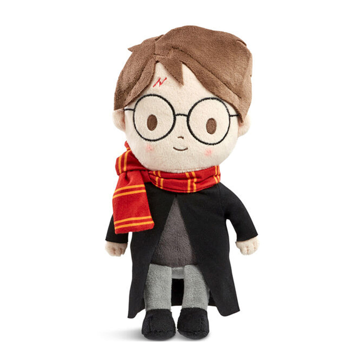 Plush toy of Harry potter character wearing glasses, a black coat, and a red scarf on a white background