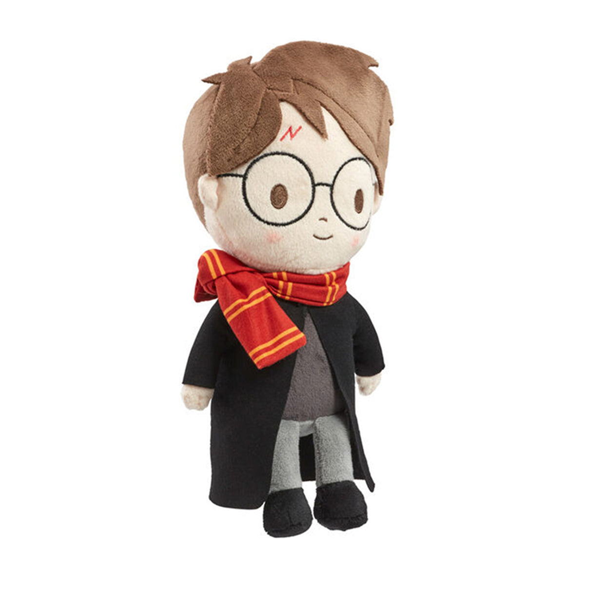 Plush toy of Harry potter character wearing glasses, a black coat, and a red scarf on a white background