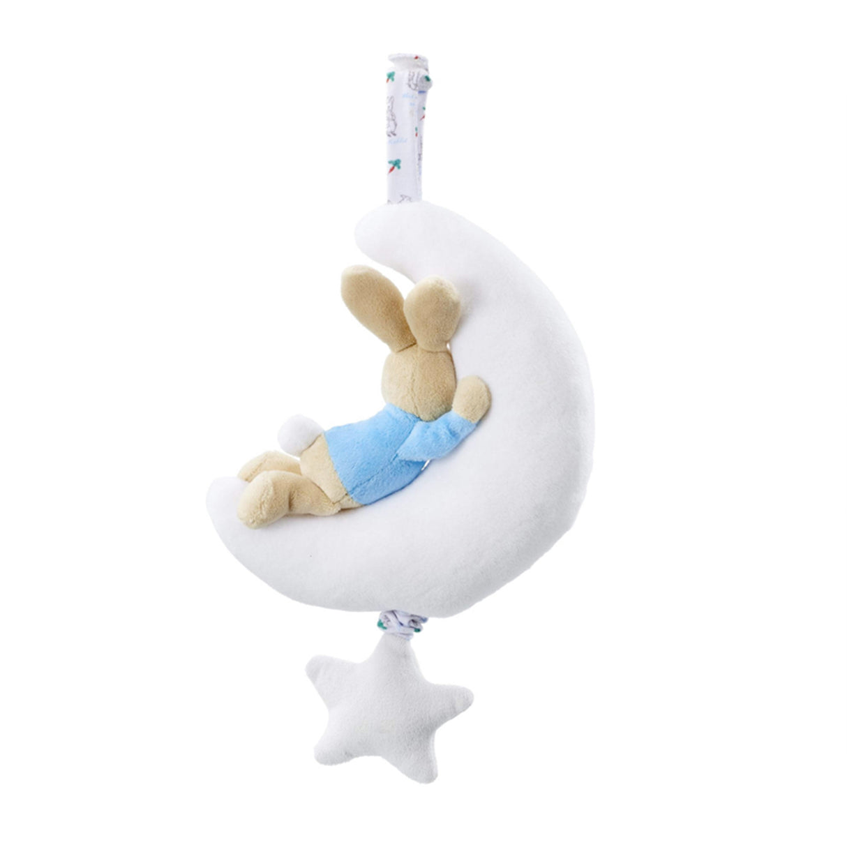 Plush Peter Rabbit musical toy with a bunny on a moon and star pull