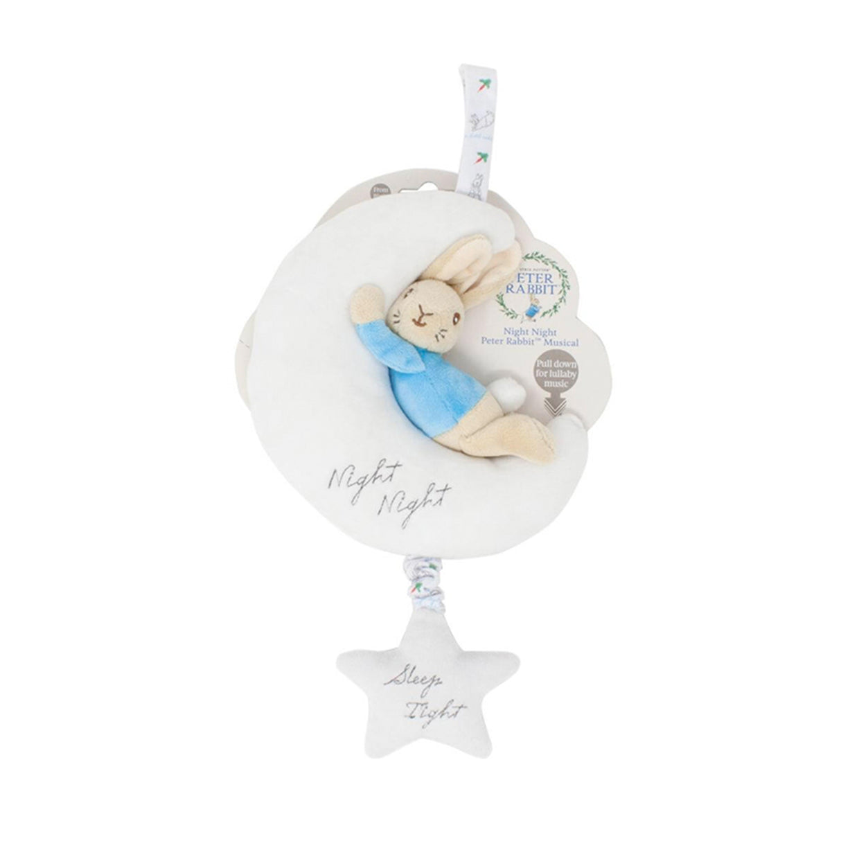 Plush Peter Rabbit musical toy with a bunny on a moon and star pull, featuring text 'Night Night' and 'Sleep Tight'.