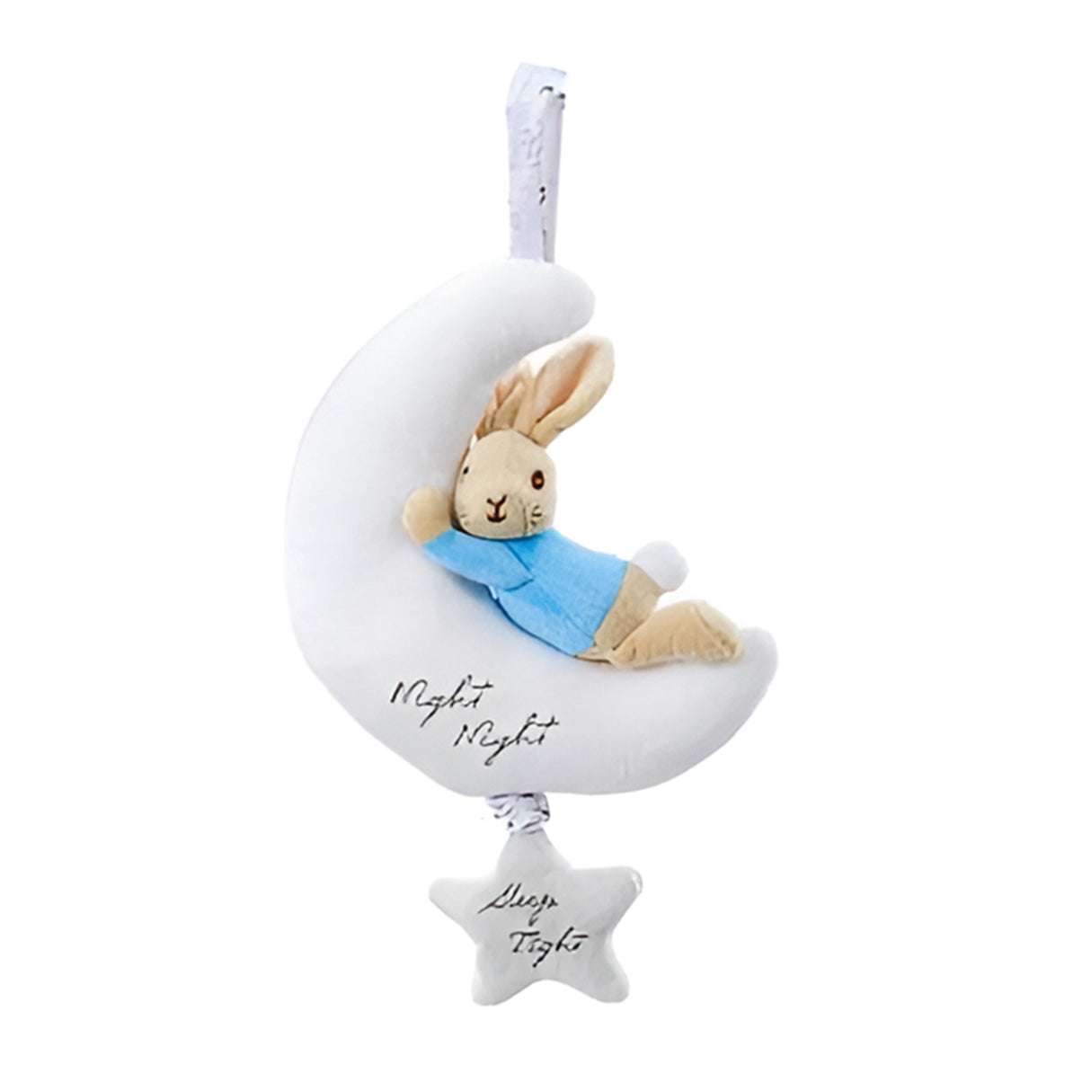 Plush Peter Rabbit musical toy with a bunny on a moon and star pull, featuring text 'Night Night' and 'Sleep Tight'.