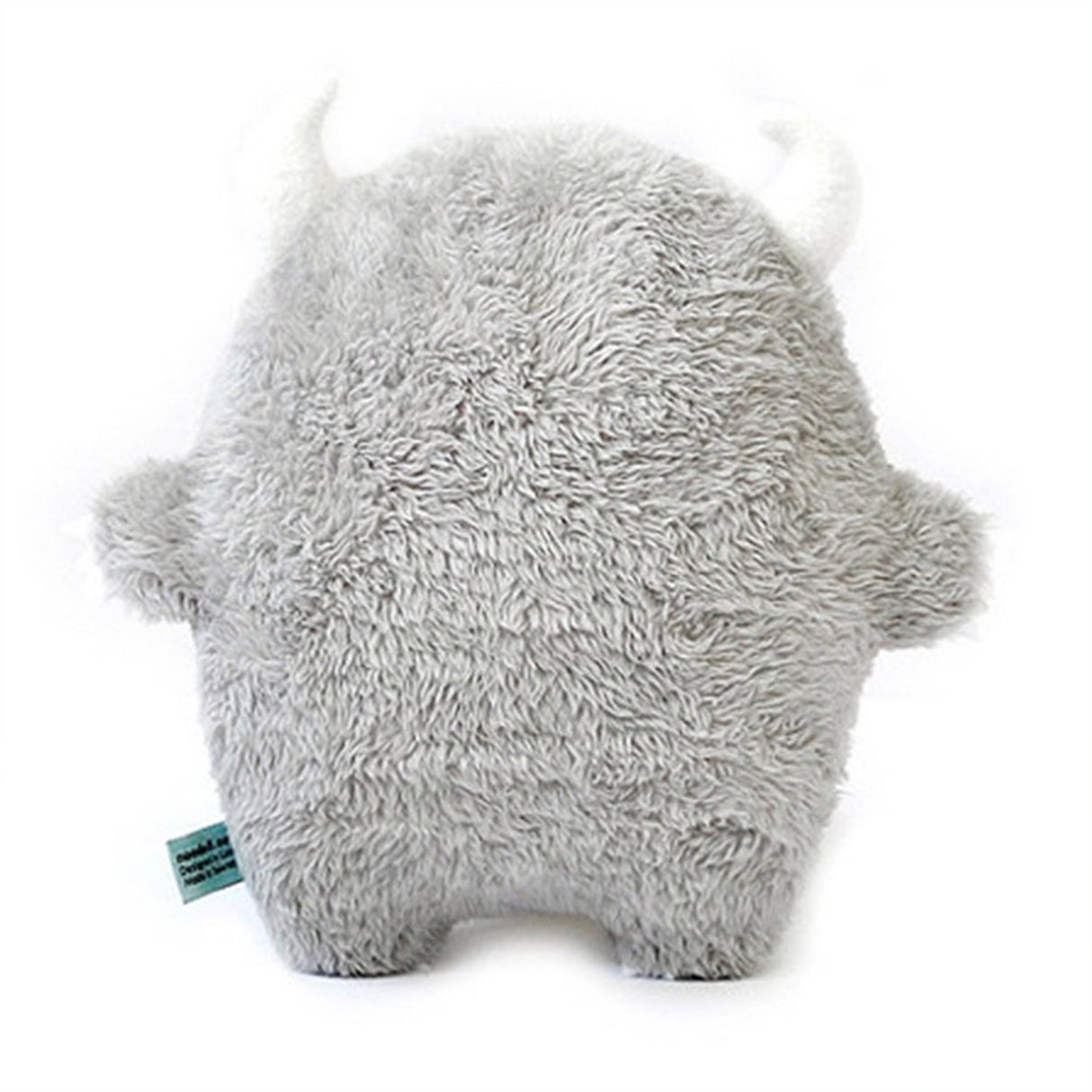 Grey plush toy with white horns and claws on a white background