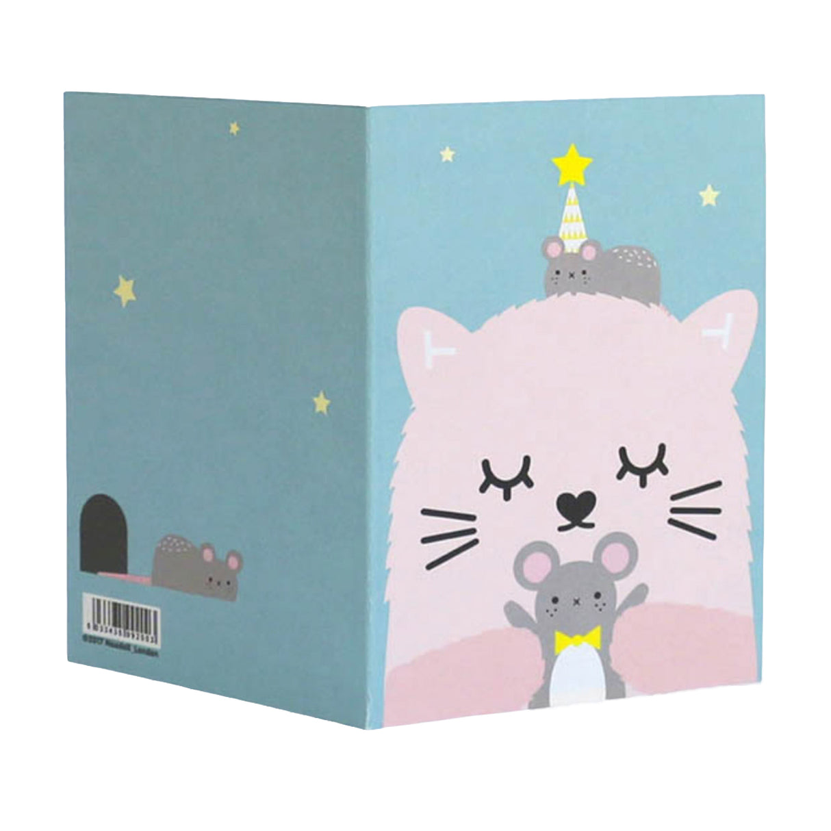 Illustrated greeting card with a cat and mouse design on a blue background