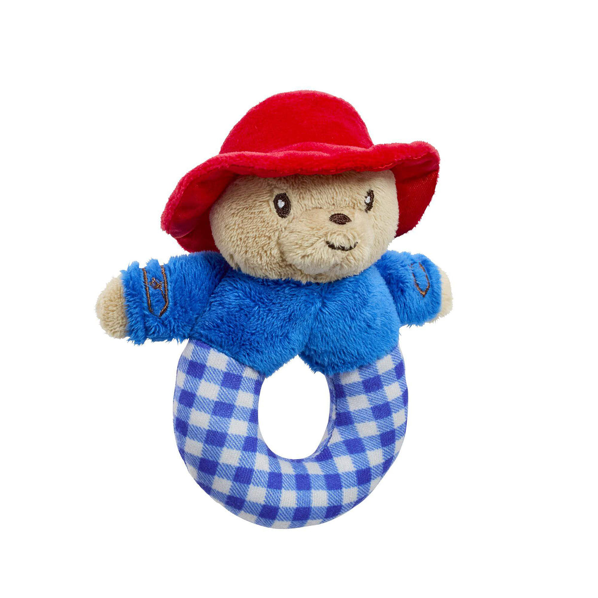 Soft Paddington ring toy with a red hat and blue checkered rattle on a white background