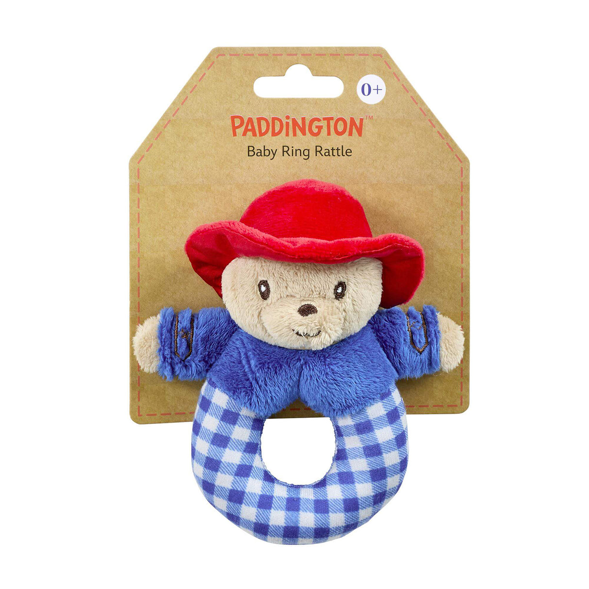 Paddington Baby Ring Rattle with red hat and blue checkered fabric on a beige card
