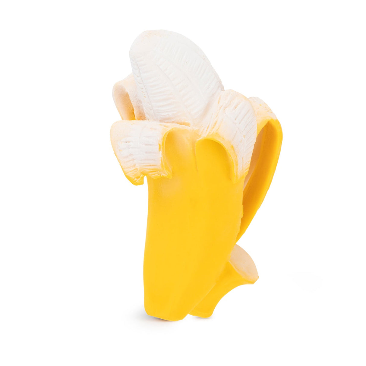 Yellow banana baby teether bath toy on a white background