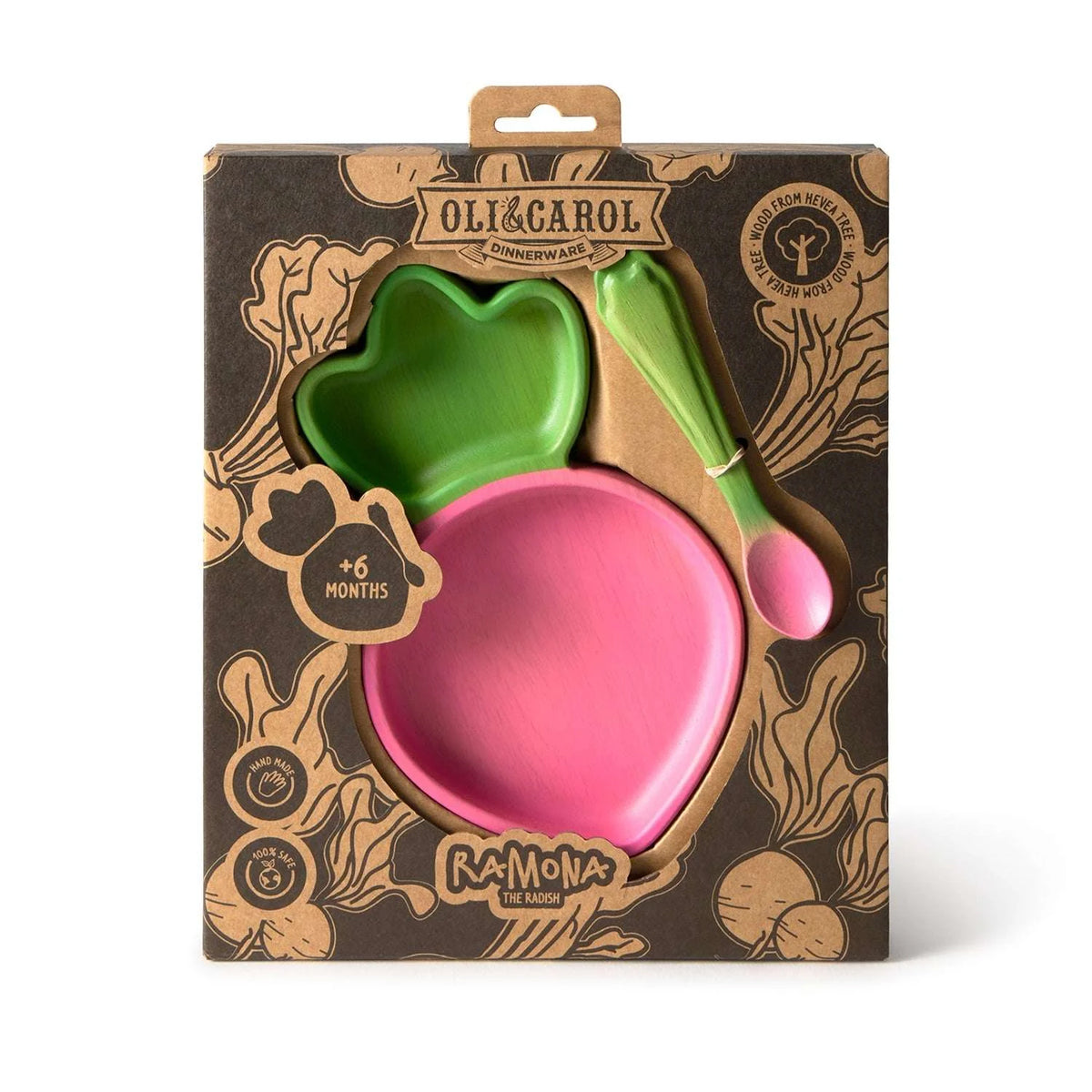Oli & Carol Ramona wooden baby feeding set in its packaging, featuring a pink Raddish shaped bowl and a green and pink spoon.