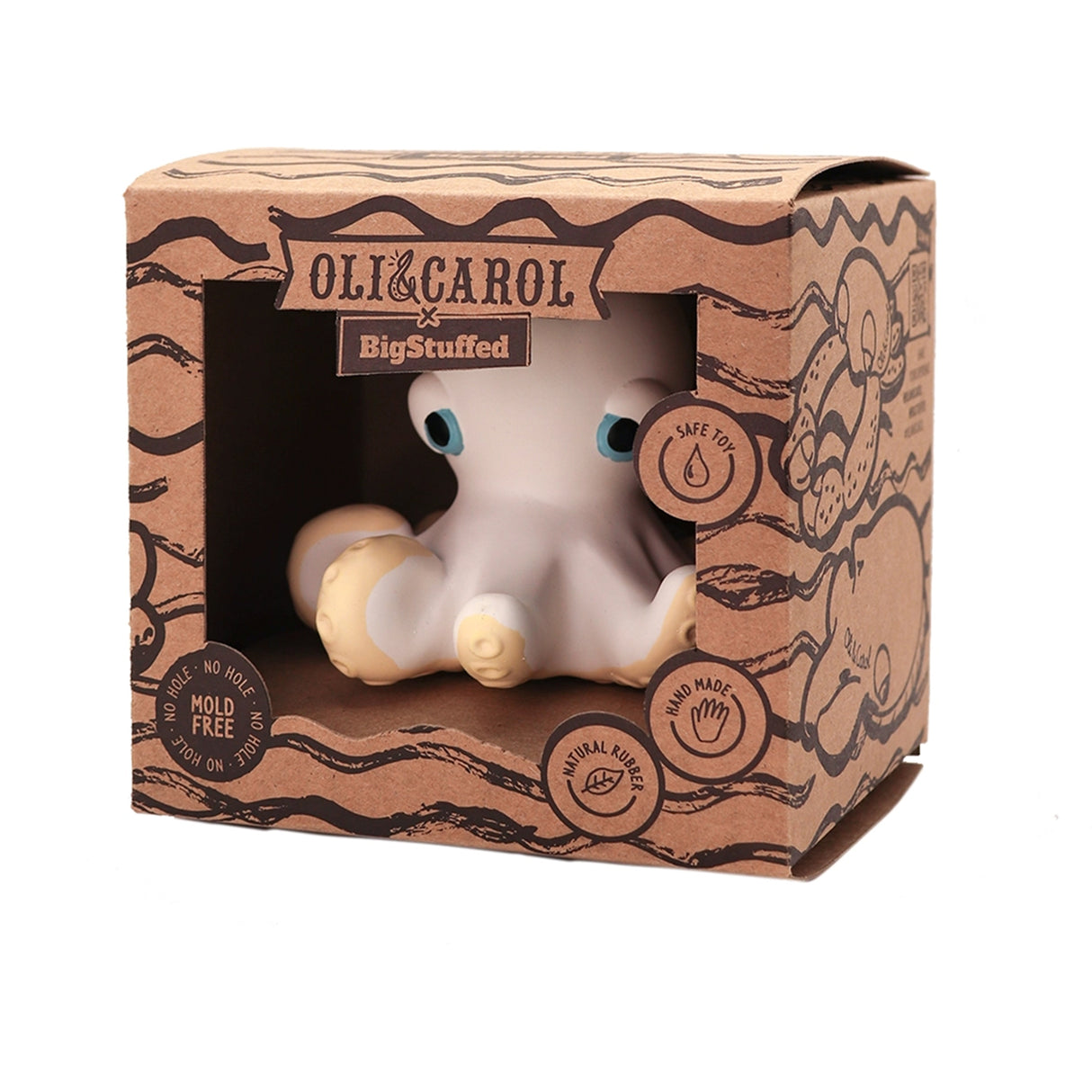 White octopus bath toy in a cardboard box with Oli & Carol branding