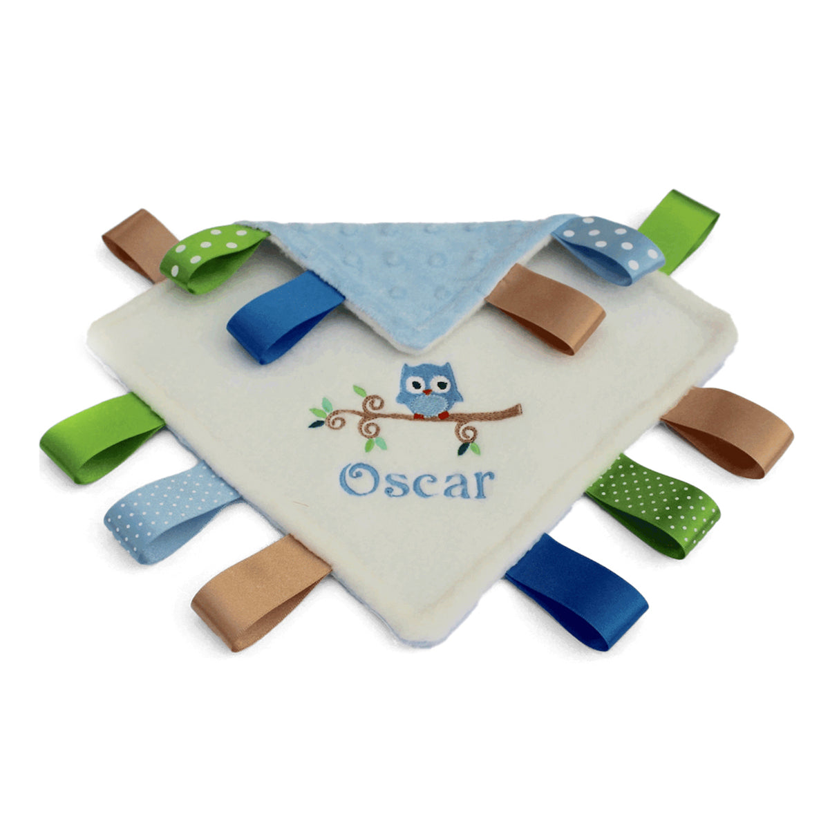 Baby owl design comfort blanket with colourful blue and green ribbon tags on a white background