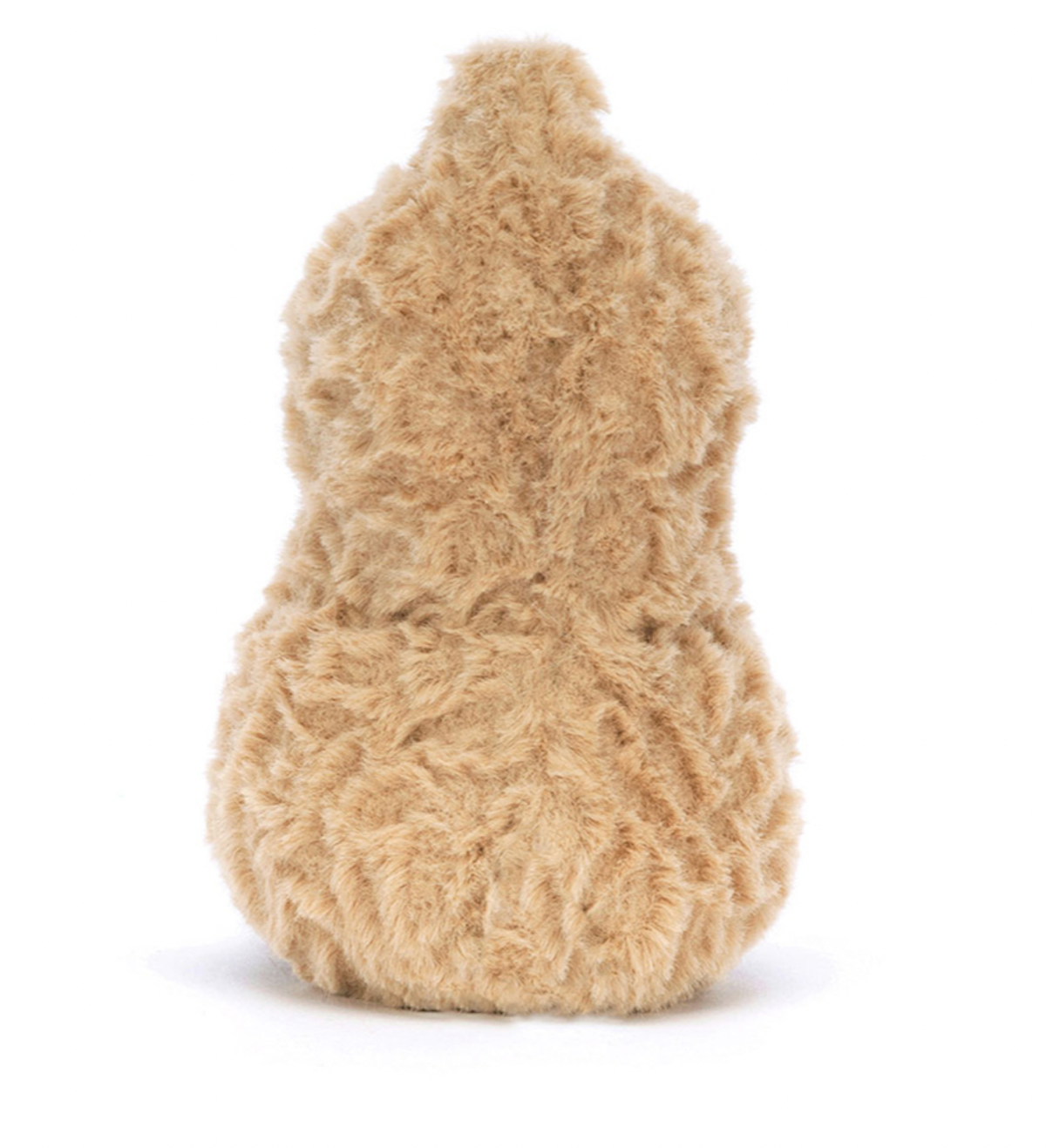 A soft plush toy resembling a peanut with a beige tumbly-textured shell, chocolate boots, and a tuft on top of its head.