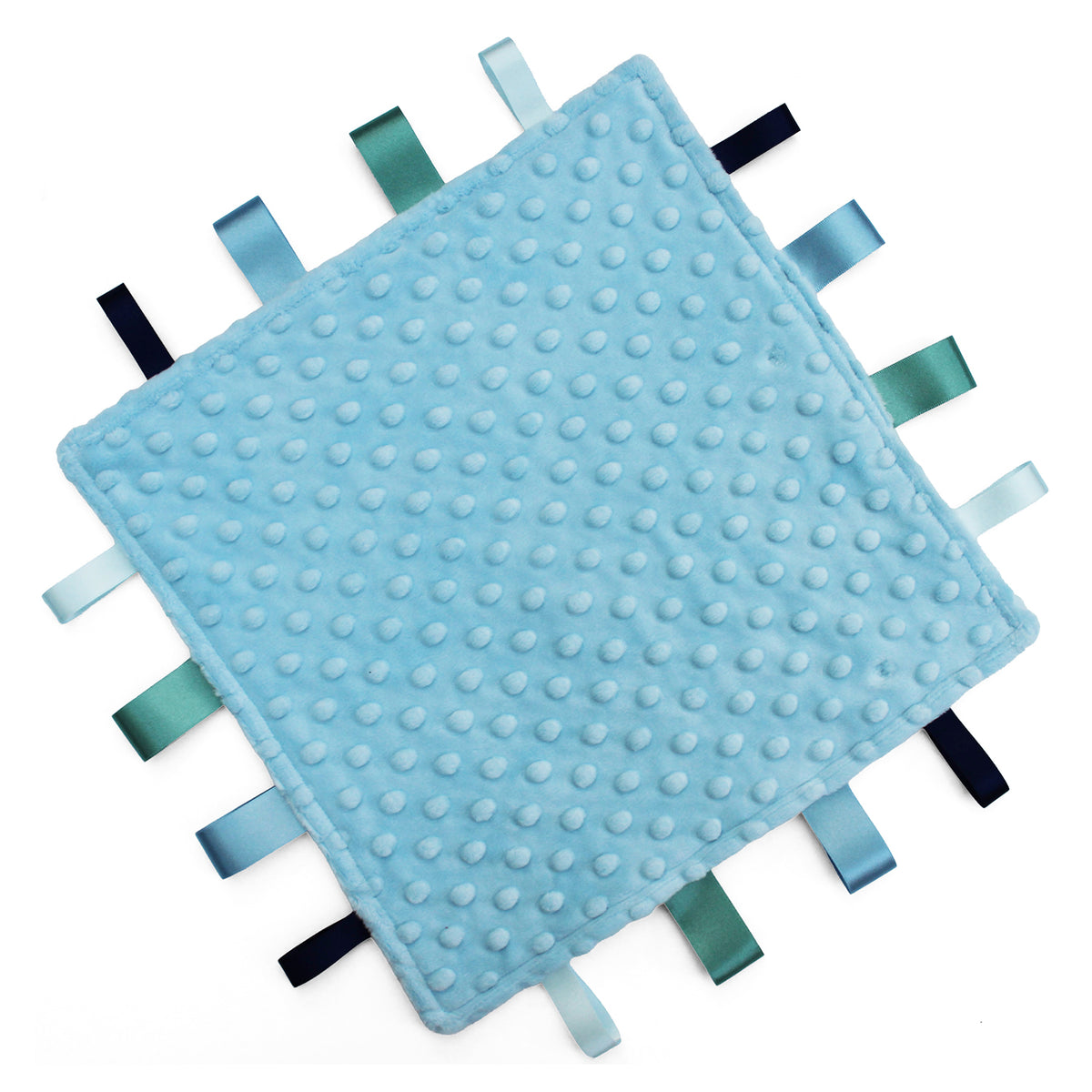 A square baby taggy comforter with a light blue textured minky fabric and ribbon tabs in shades of blue, green, and black on a white background.