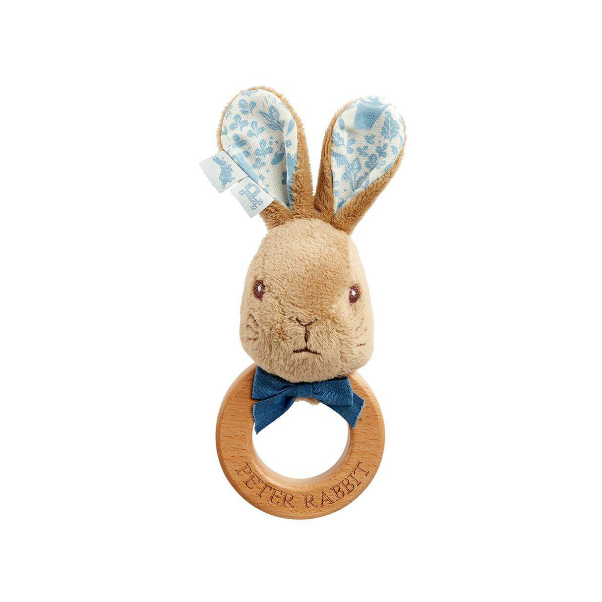 Plush rabbit teething ring with floral ears and wooden ring on a white background