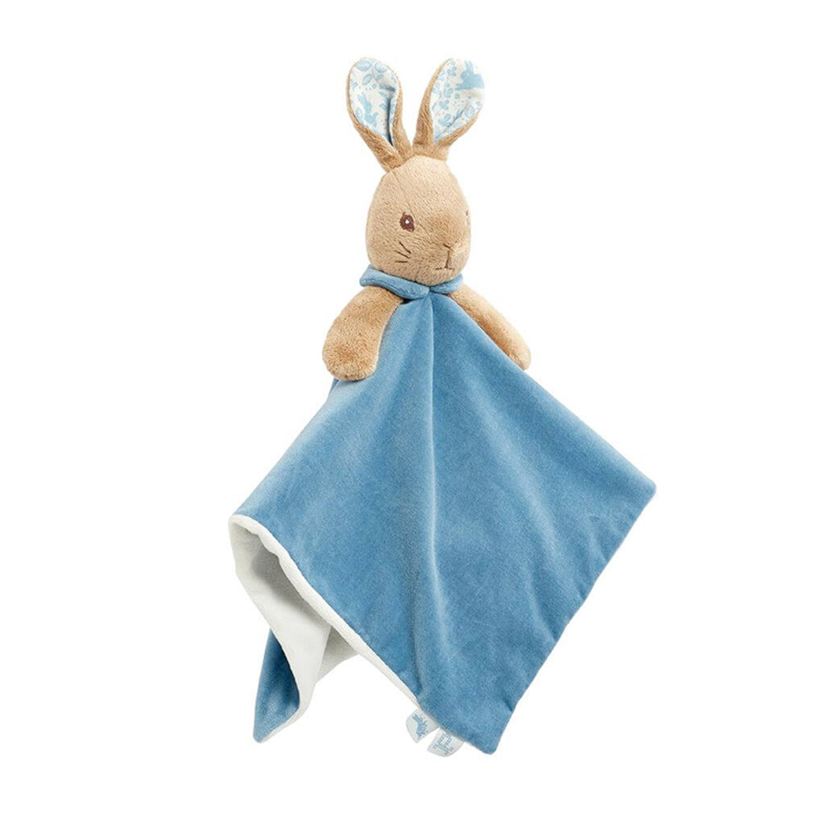 Plush Peter Rabbit blue soother blanket on a white background