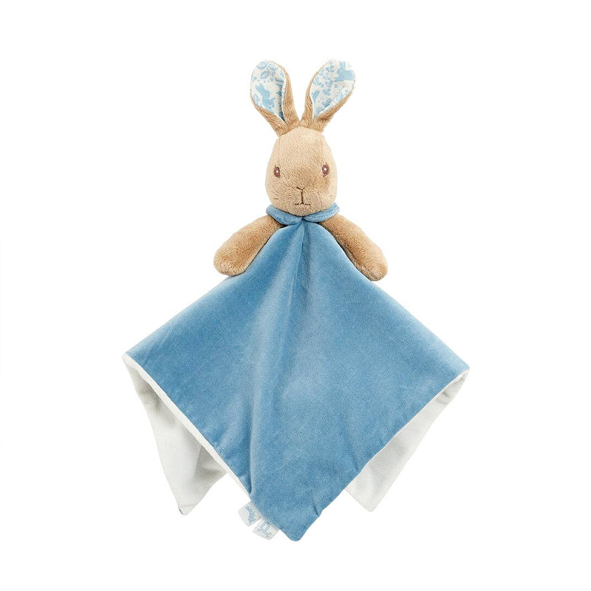 Plush Peter Rabbit blue soother blanket on a white background