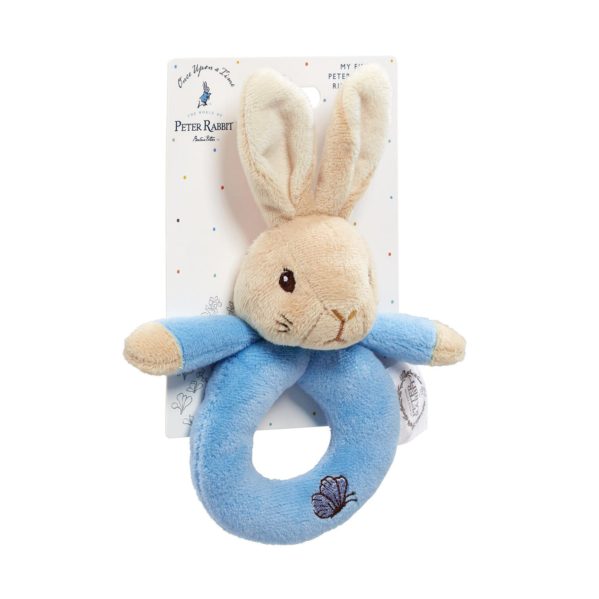 Peter Rabbit soft plush ring rattle with blue butterfly presented on card with Peter illustation