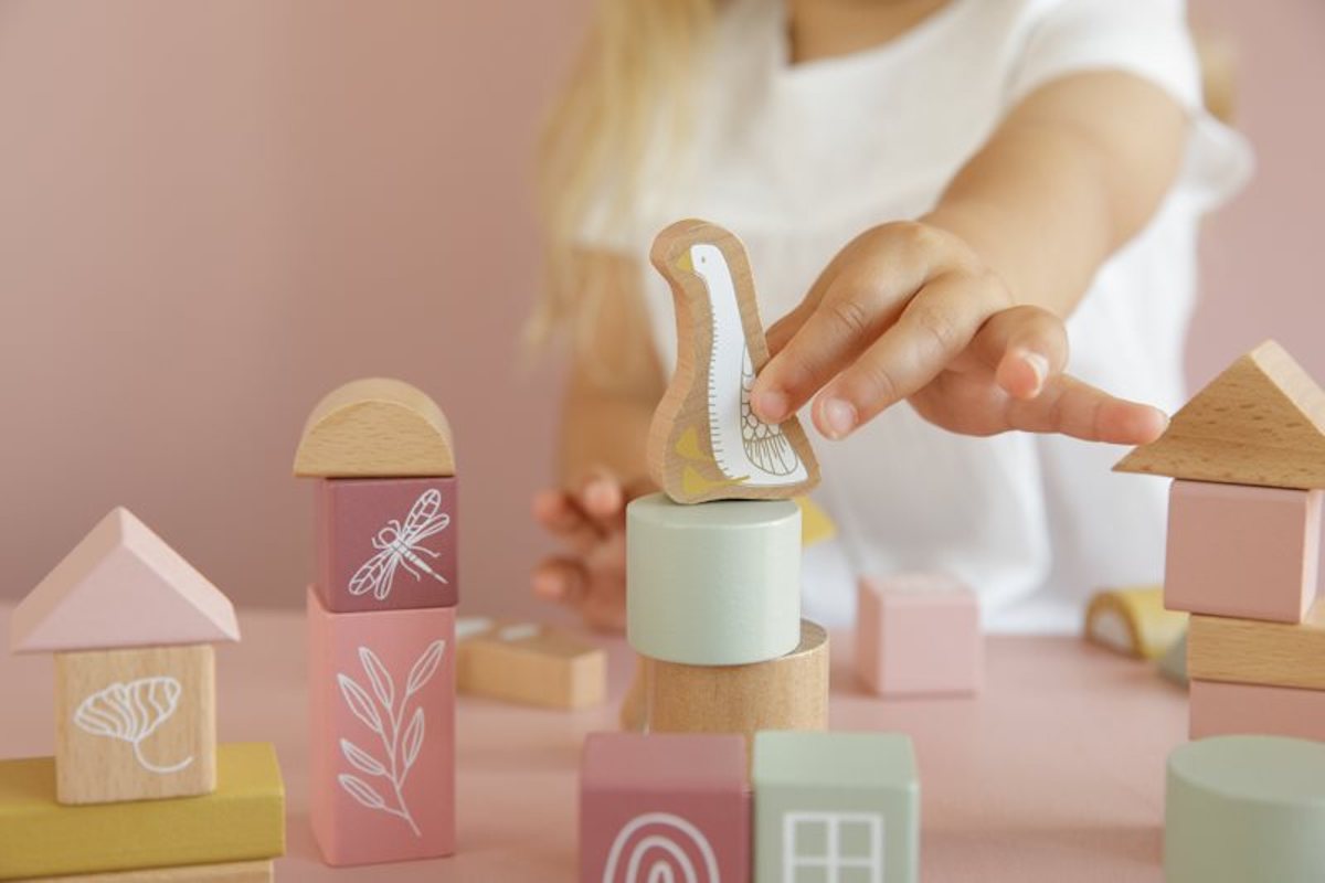 Pink and green wooden building blocks with various shapes and sizes, decorated with pictures such as goose and dragonfly, stacked together