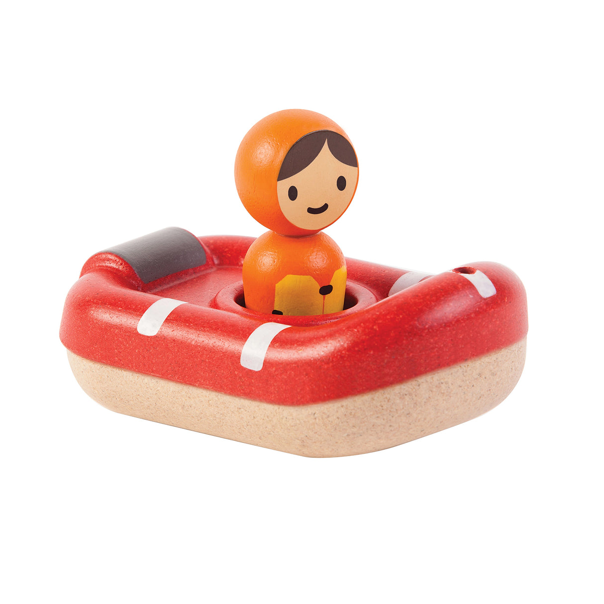 Toy figure of a person in an orange life jacket inside a red boat on a white background