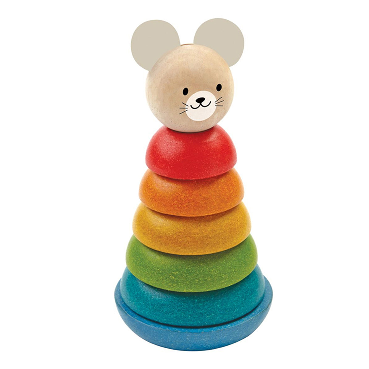 Rainbow wooden toy stacker with a mouse design on a white background