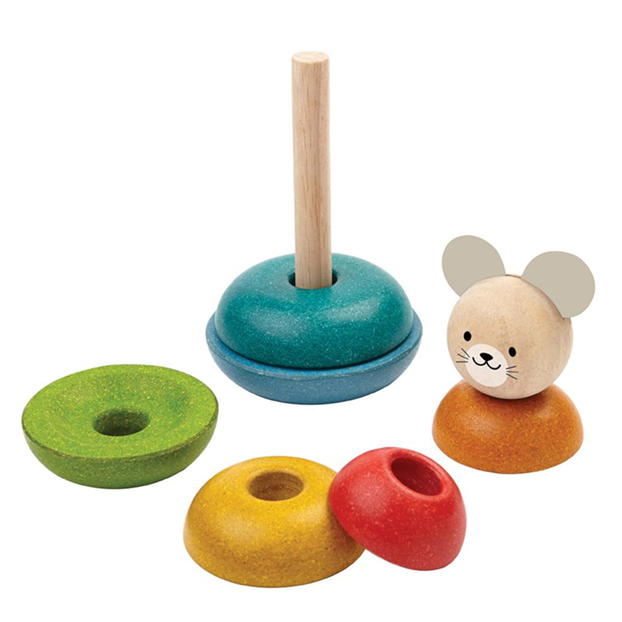 Wooden toy set with colorful circular pieces and a mouse figure on a white background
