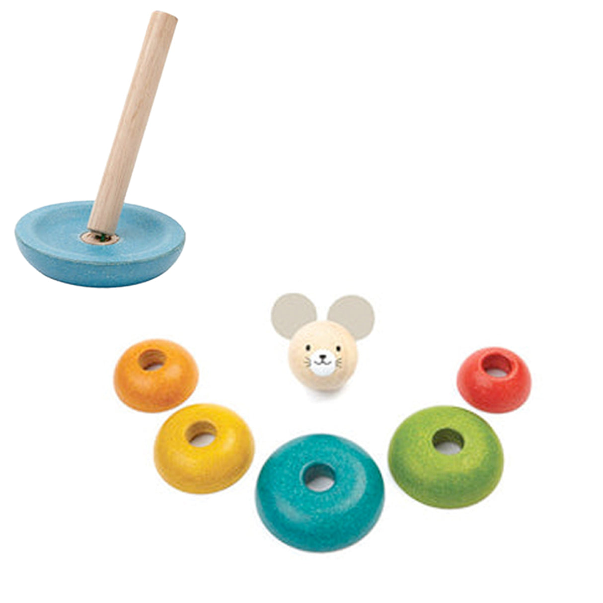 Colourful wooden toy with a stick and various coloured disks on a white background
