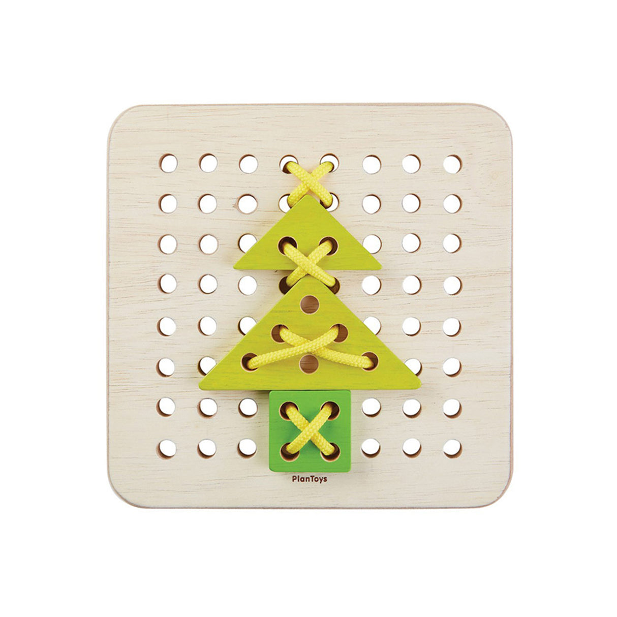 Childrens wooden lacing board with green and yellow shapes