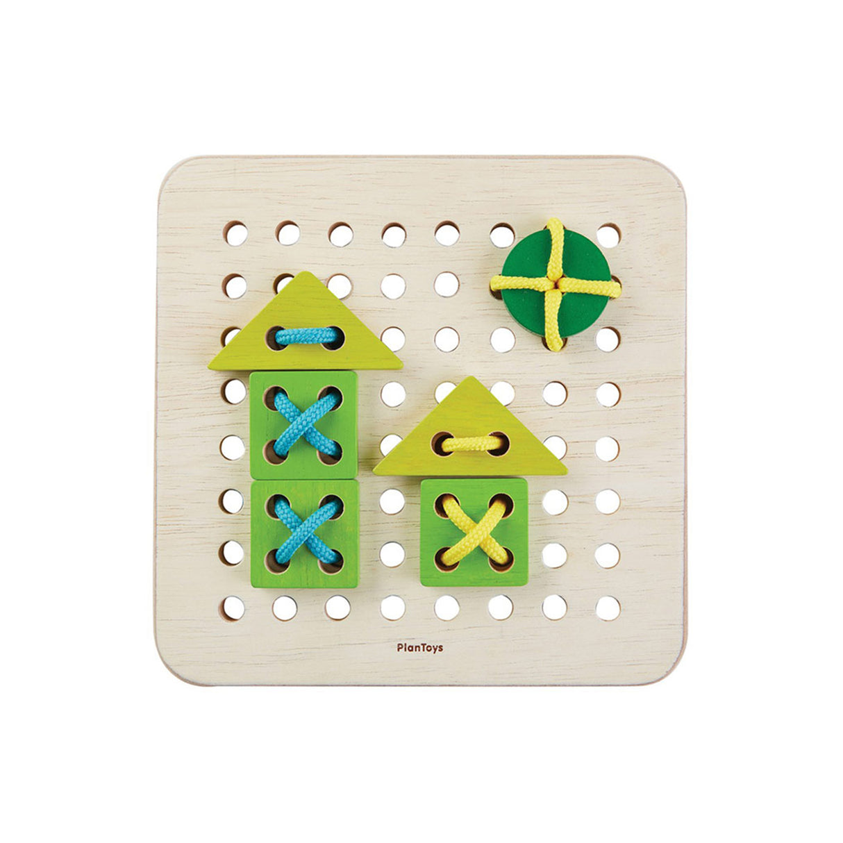 Toddler wooden lacing board with green and yellow shapes