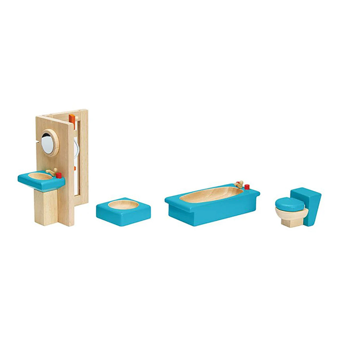 Set of toy bathroom furniture including a sink, bathtub, toilet, and cabinet on a white background