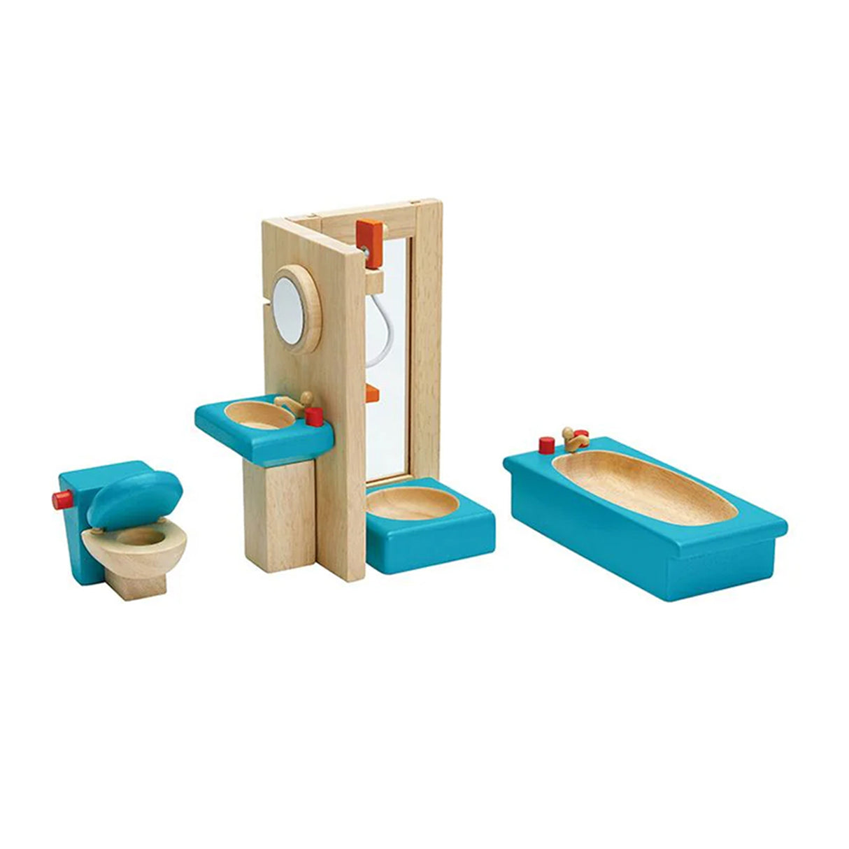 Toy bathroom set with toilet, sink, and bathtub on a white background