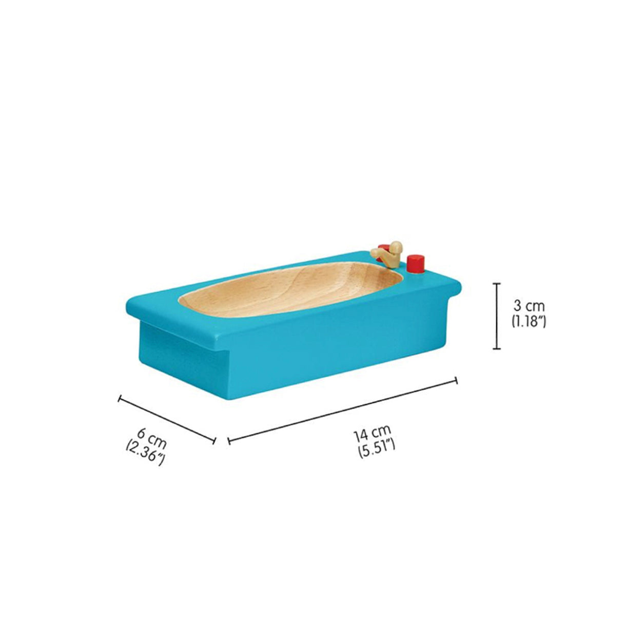 Small blue doll house bathtub on a white background, showing dimensions.