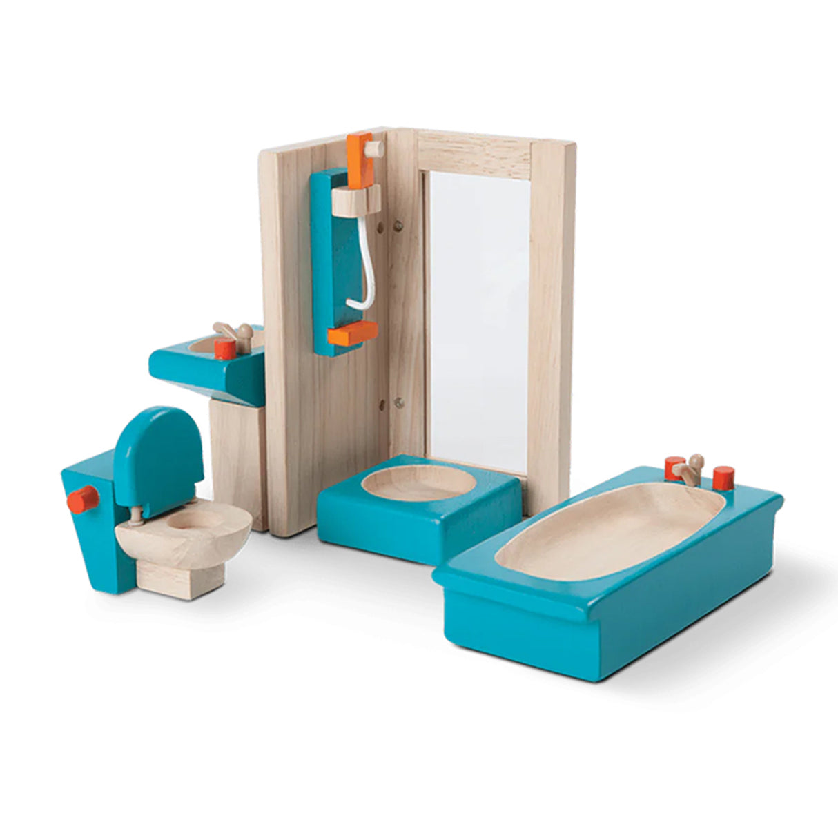 doll house blue wooden shower, screen with mirror and shower tray, a bathtub, a wash basin, a toilet