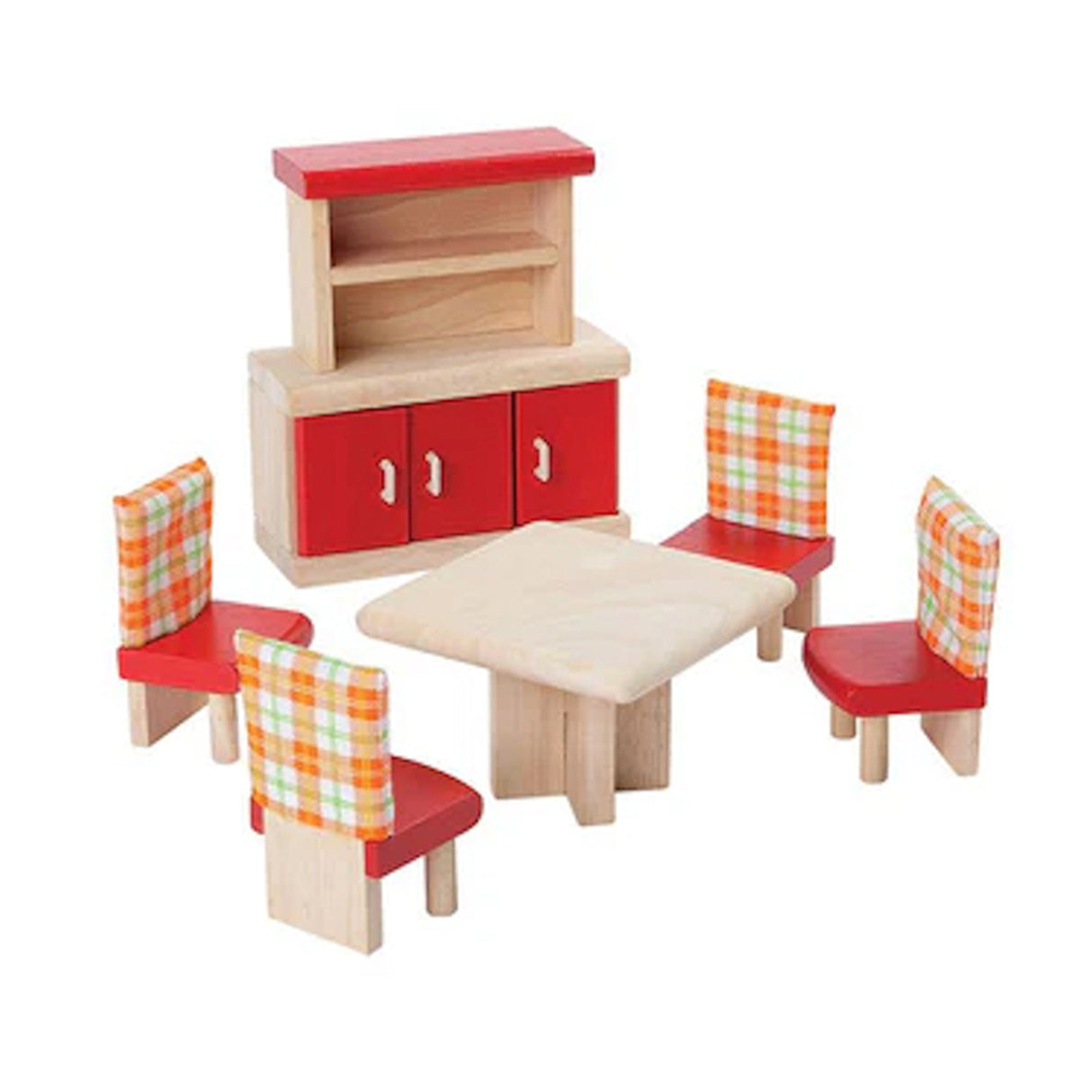 A dolls house dining room set including a red cupboard, a shelf, a white table, and four chairs with orange and red checkered seats.