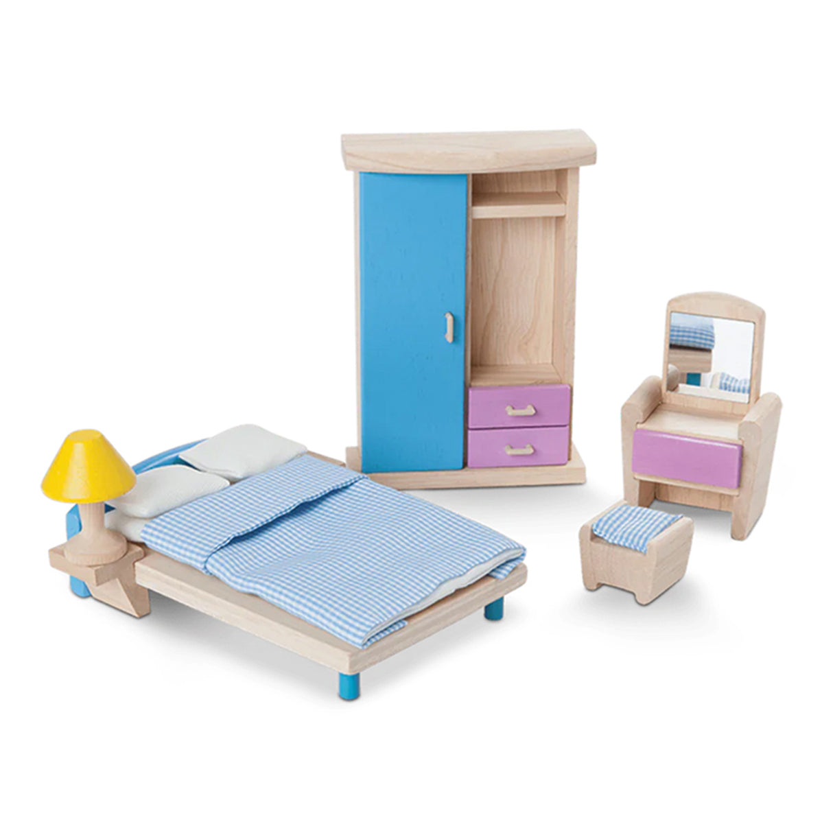 A dolls house bedroom set including a bed with blue bedding, a closet, a lamp, a dressing table, and a chair, made from natural rubberwood.