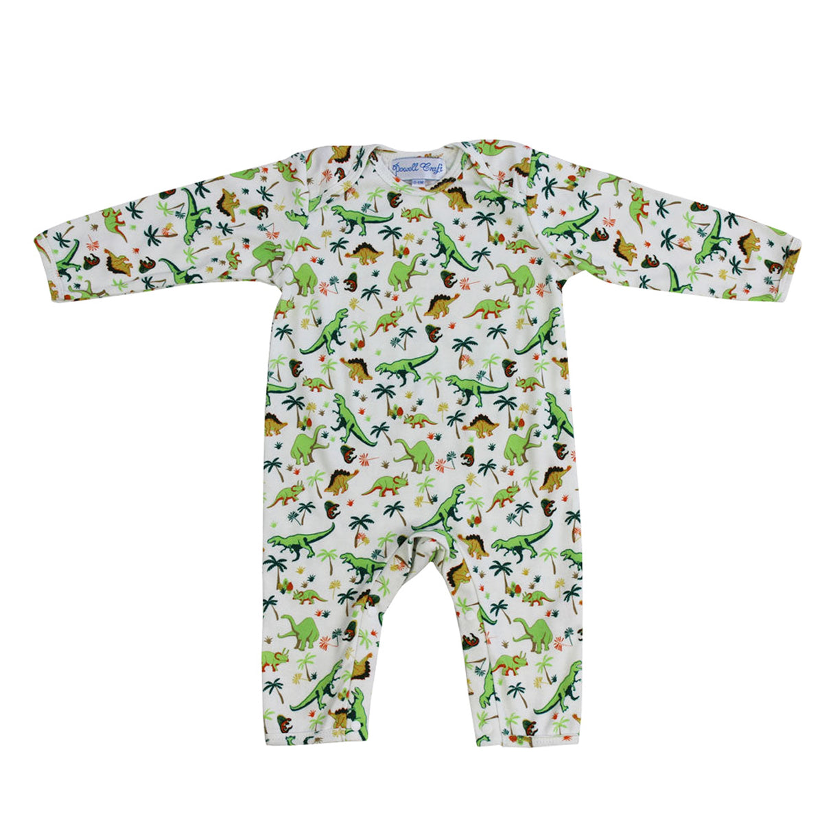 Baby bodysuit with dinosaur pattern on a white background