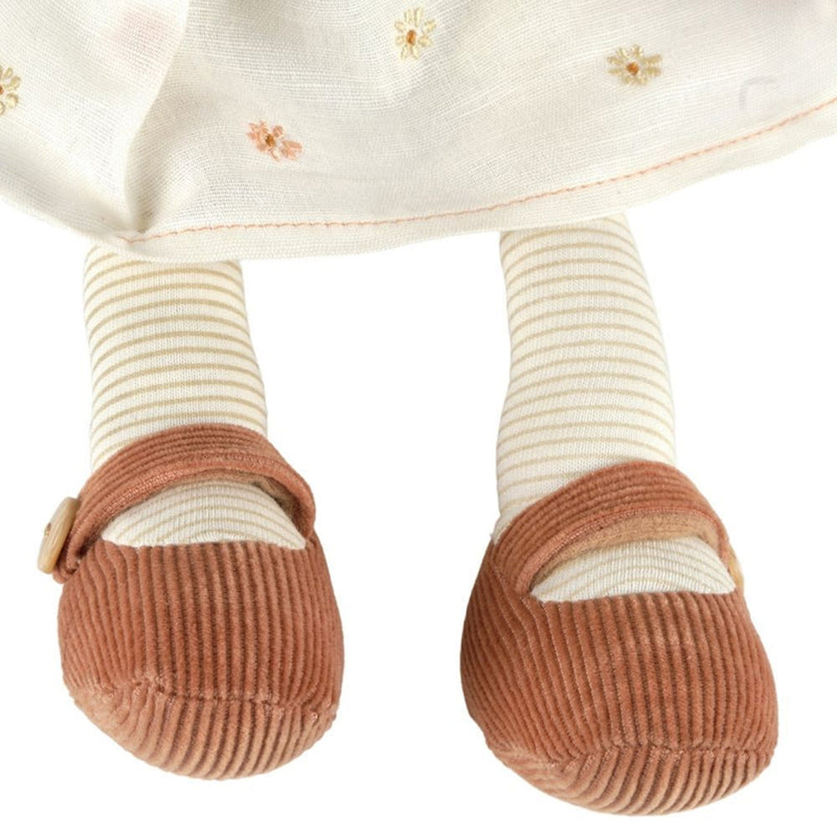 Close-up of a doll's legs wearing striped socks and brown shoes on a white background