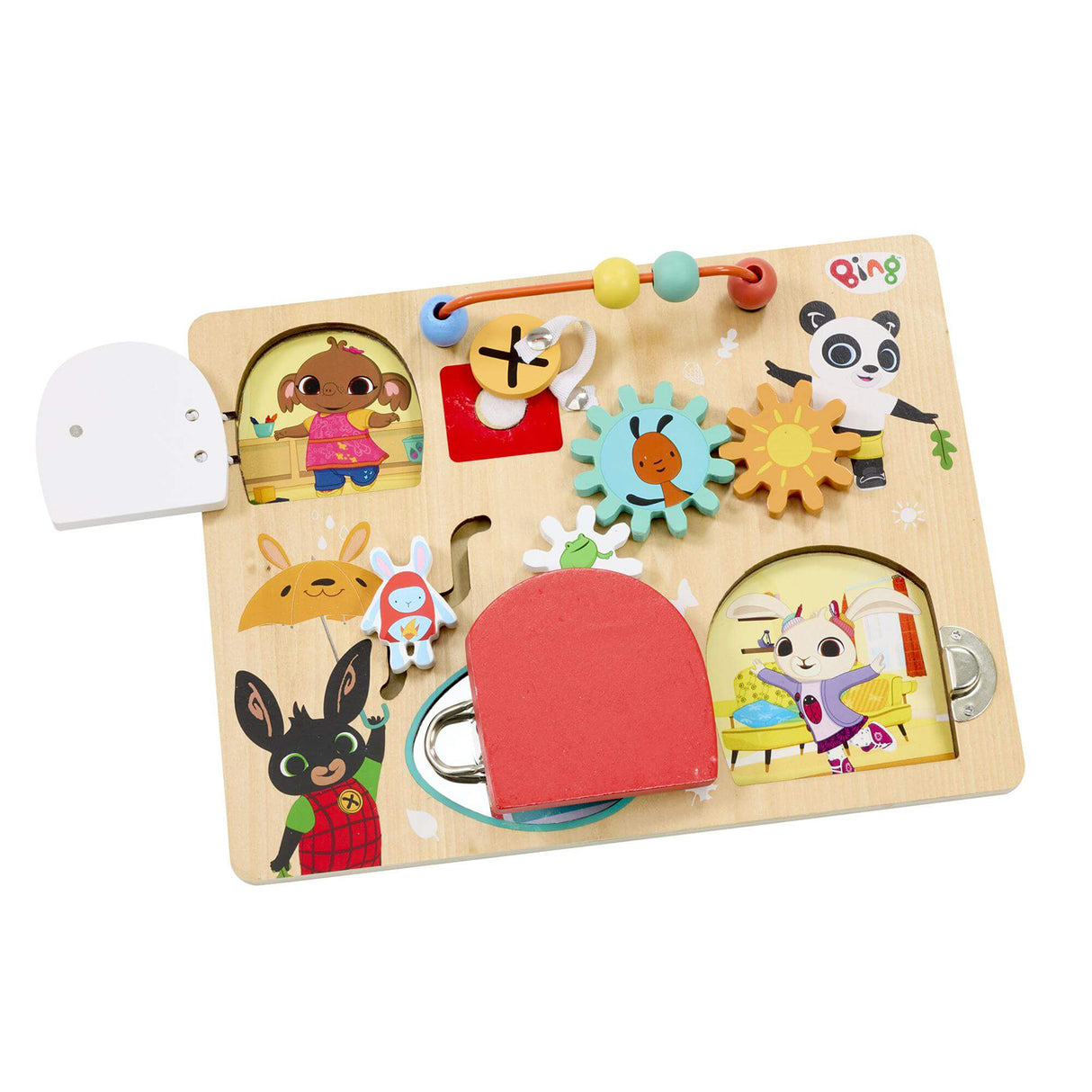 Wooden Bing educational toy with various compartments and characters on a white background