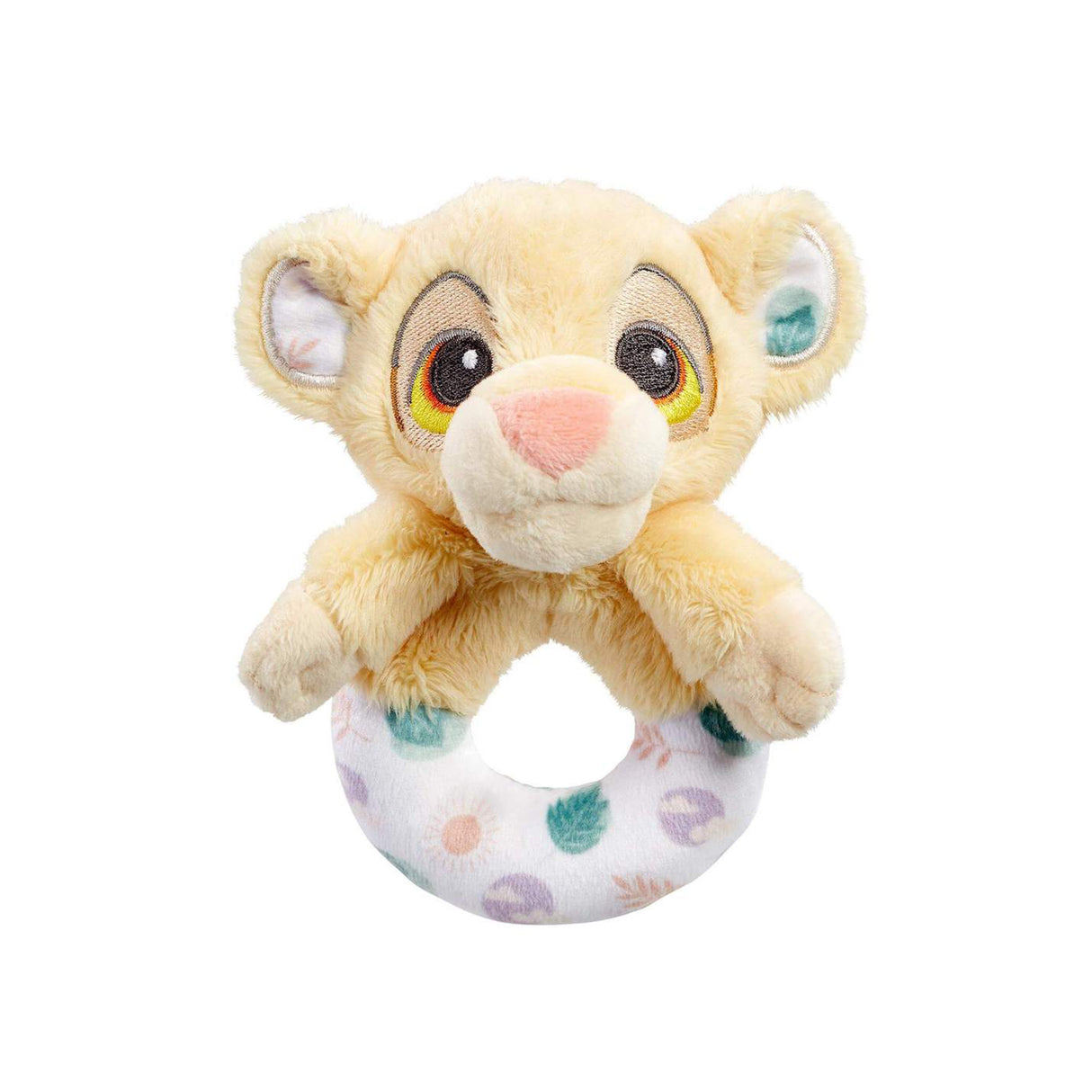 Plush Disney Lion King Simba toy with a ring with patterned fabric on a white background