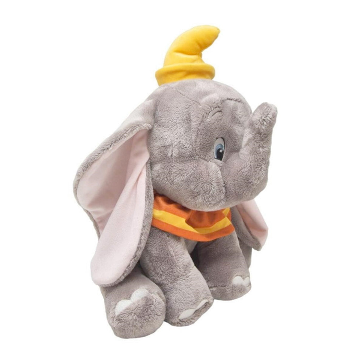 Plush Dumbo toy elephant with a yellow hat on a white background