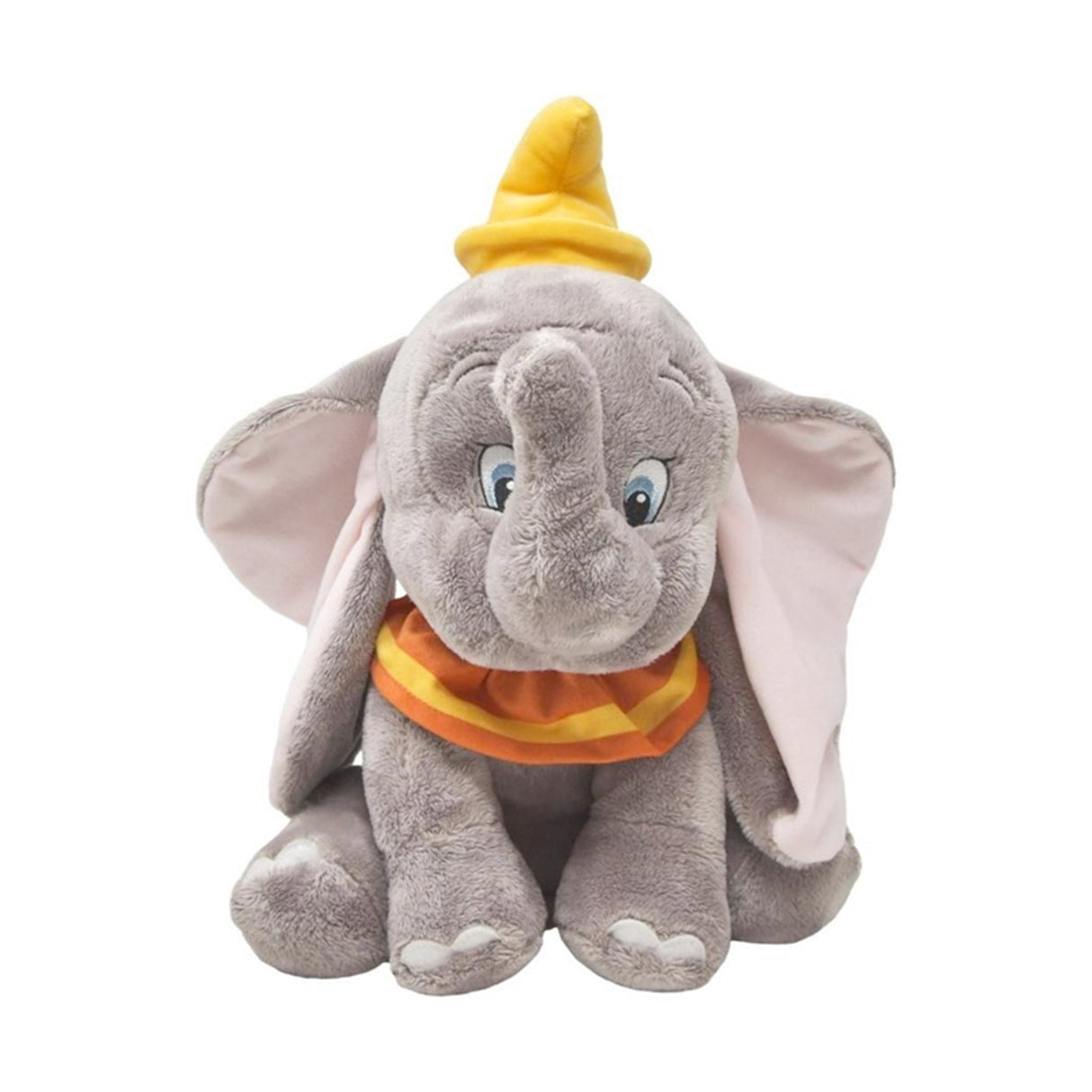 Dumbo plush toy elephant with a yellow hat and orange shirt on a white background