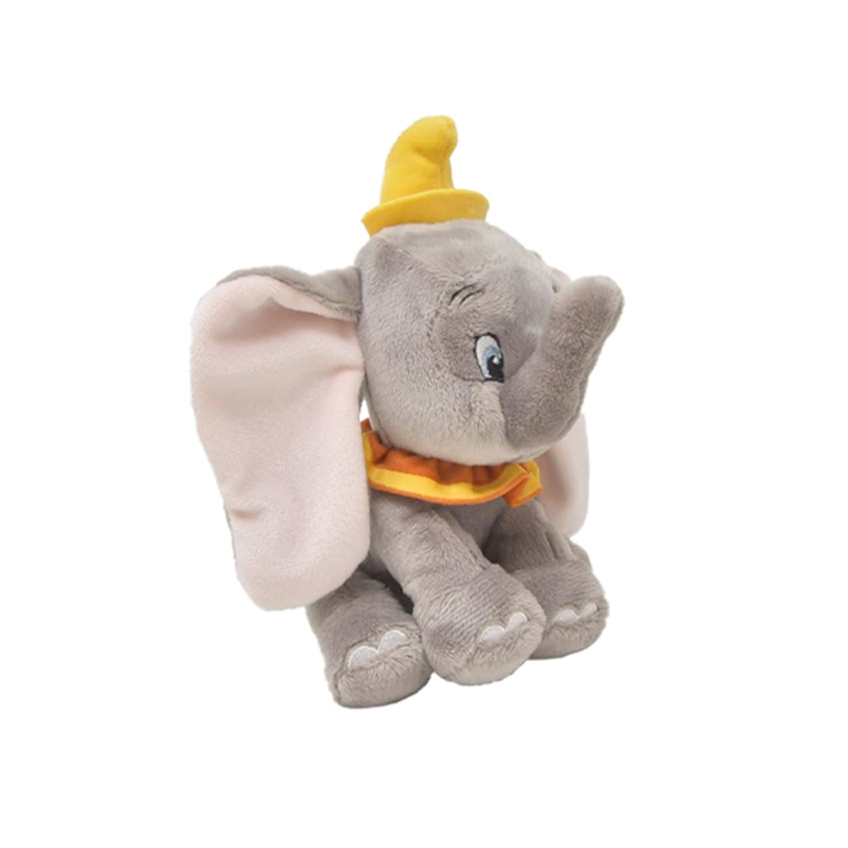 Plush toy dumbo elephant with a yellow hat on a white background