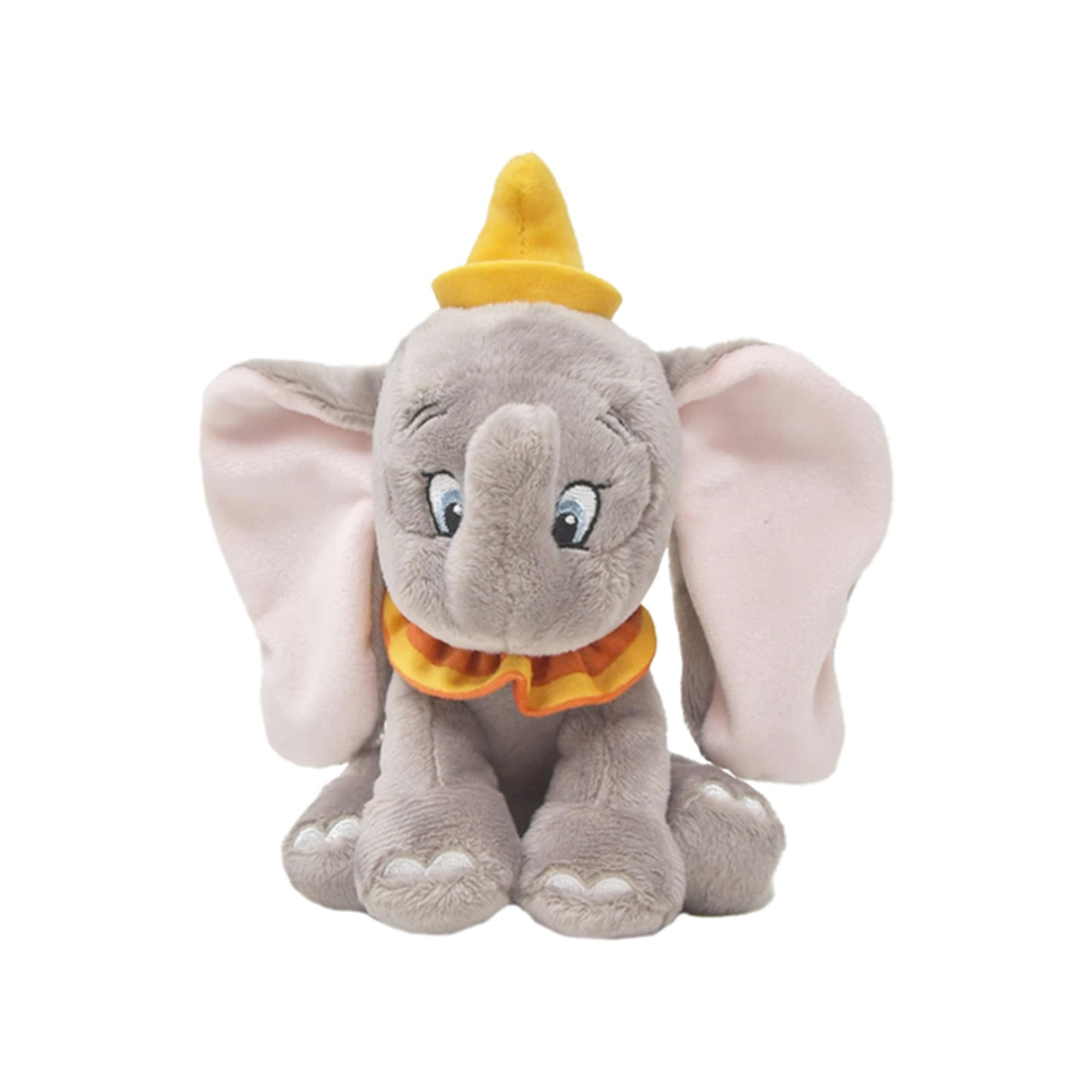 Plush toy Dumbo elephant with a yellow hat and collar on a white background