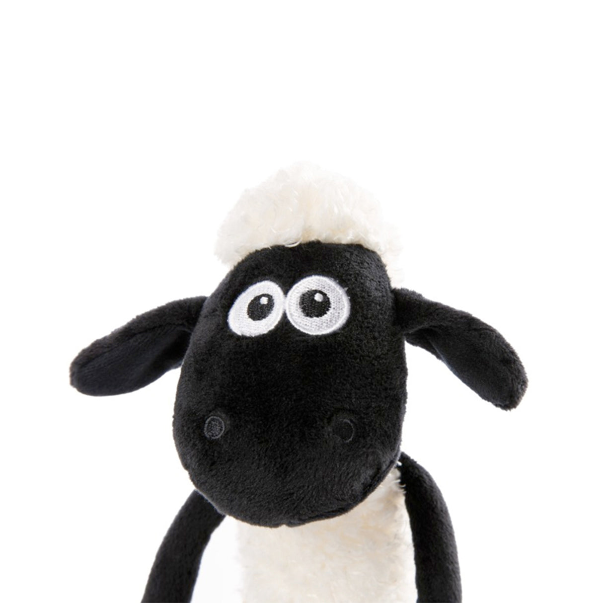 Plush Shaun The Sheep Soft Toy with black face and white body on a white background