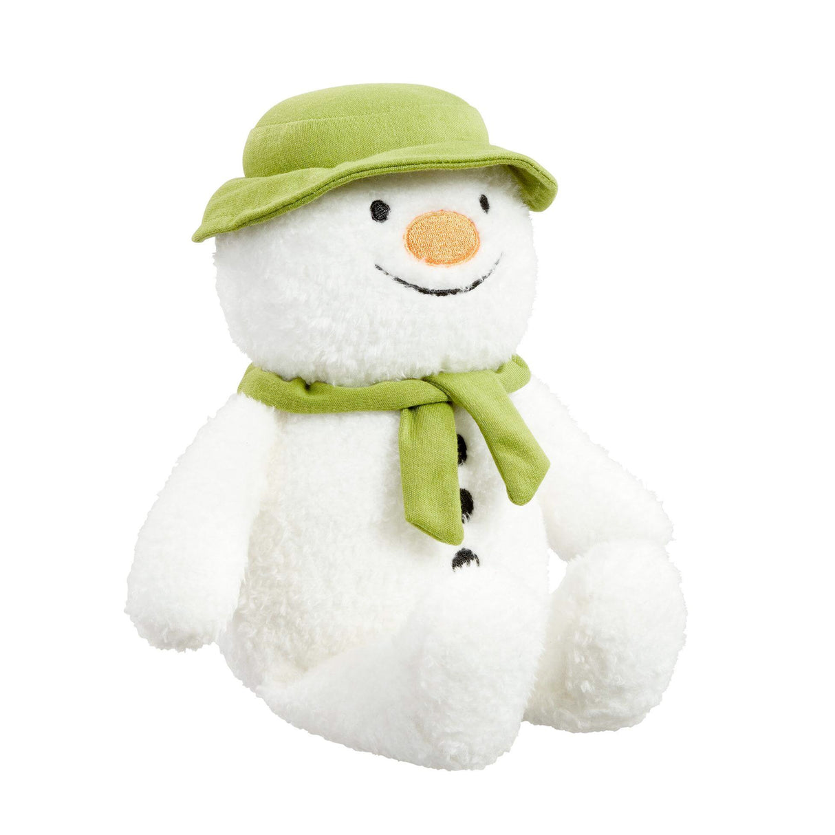 The snowman Musical toy with a green hat and scarf on a white background