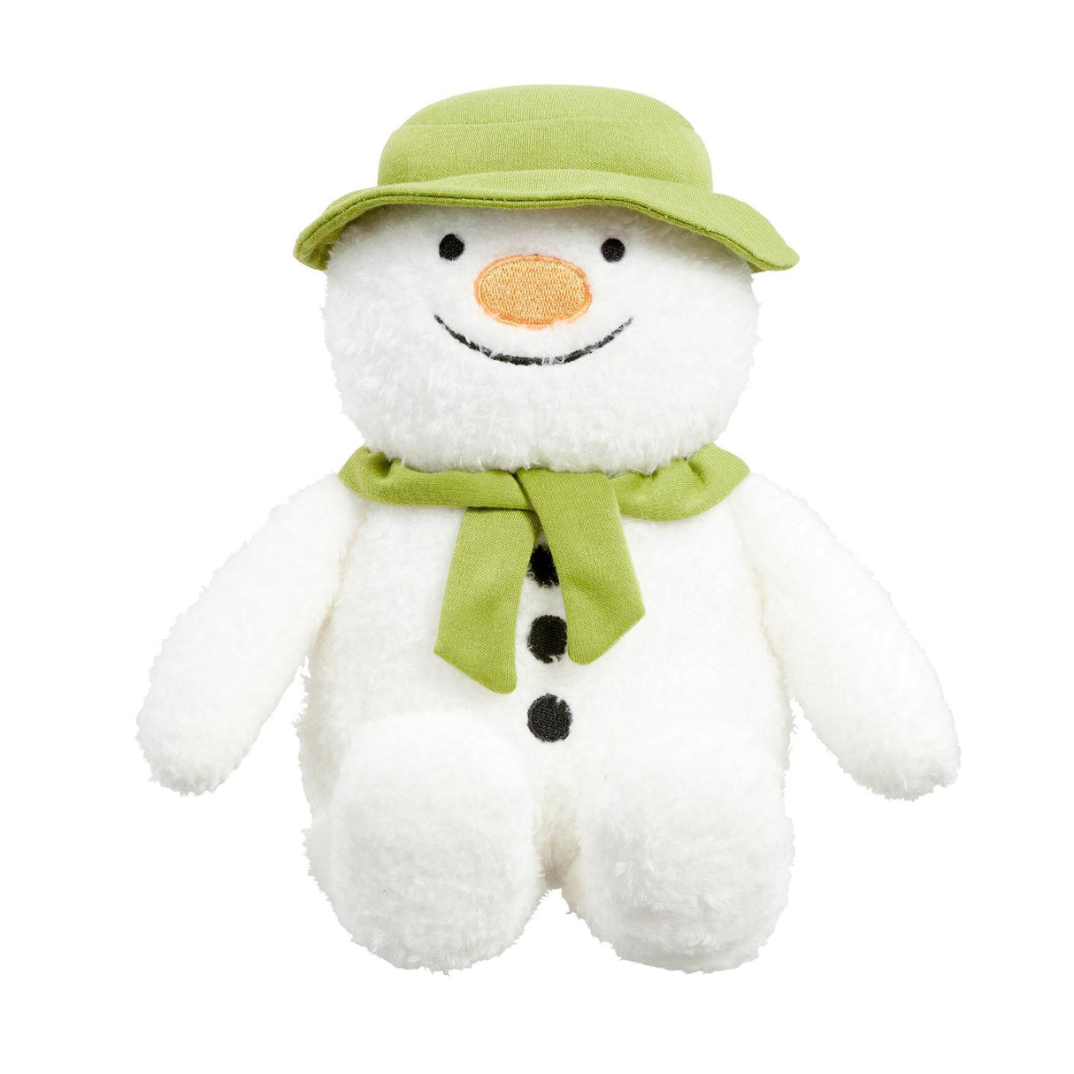Plush The snowman Musical toy with a green hat and scarf on a white background