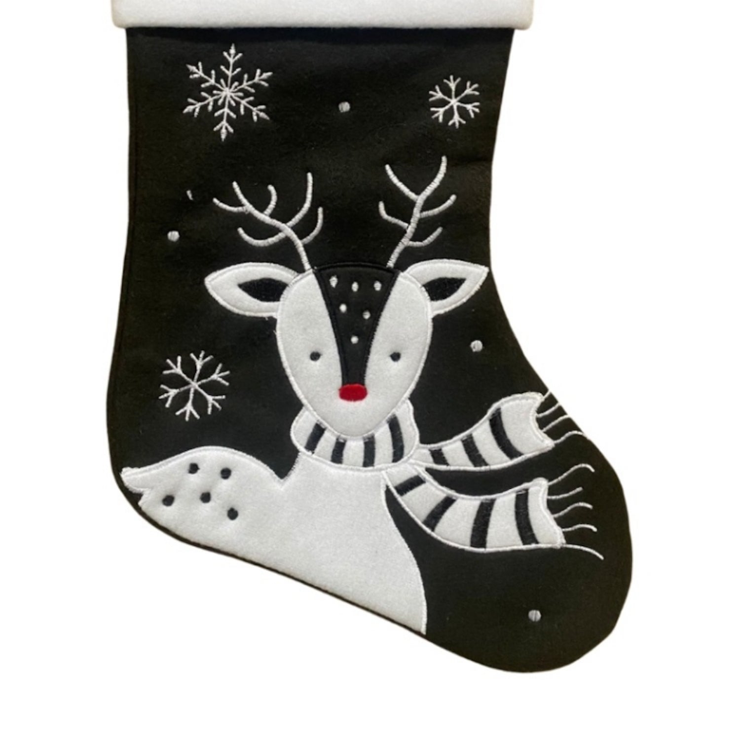 Black Christmas stocking with a reindeer design on a white background