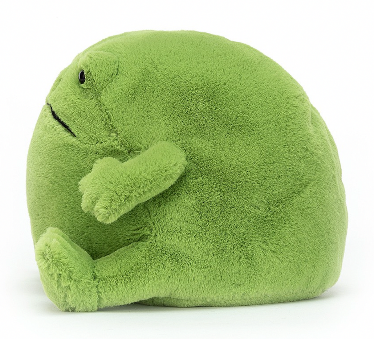 A plush green frog toy with a sad expression, named Jellycat Ricky Rain Frog.