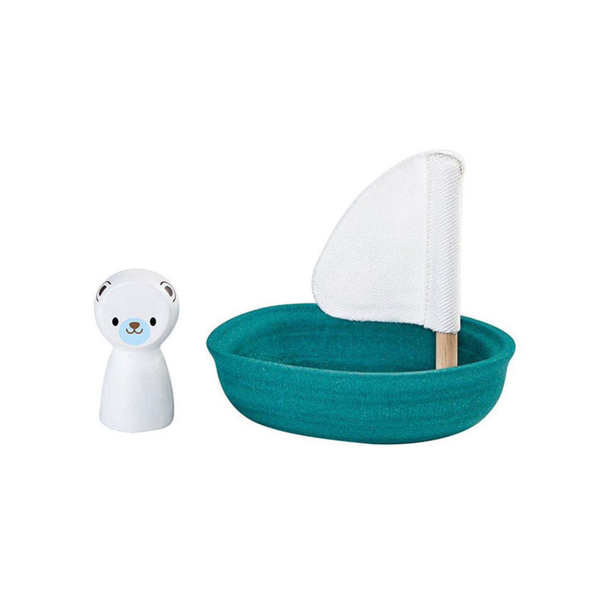 Teal toy boat with white sail and small white figure on a white background
