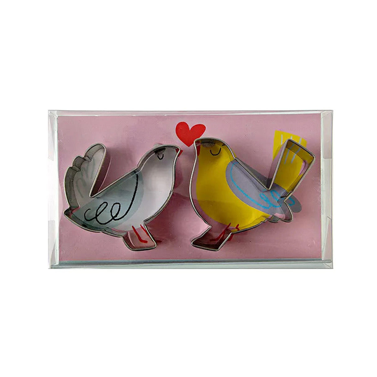 A set of two metal cookie cutters in the shapes of birds, one painted as a yellow bird and the other as a grey bird, positioned inside a clear plastic box with a pink background.