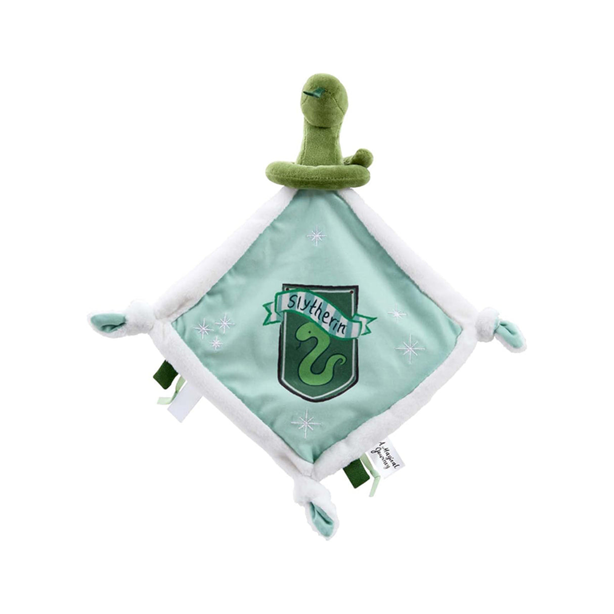 A plush Slytherin comfort blanket with a green and white color scheme, featuring a snake design, Slytherin crest, and embroidered stars.